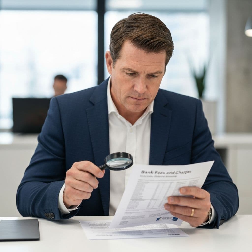 Magnifying glass revealing hidden banking fees and exchange rate markups on international money transfers