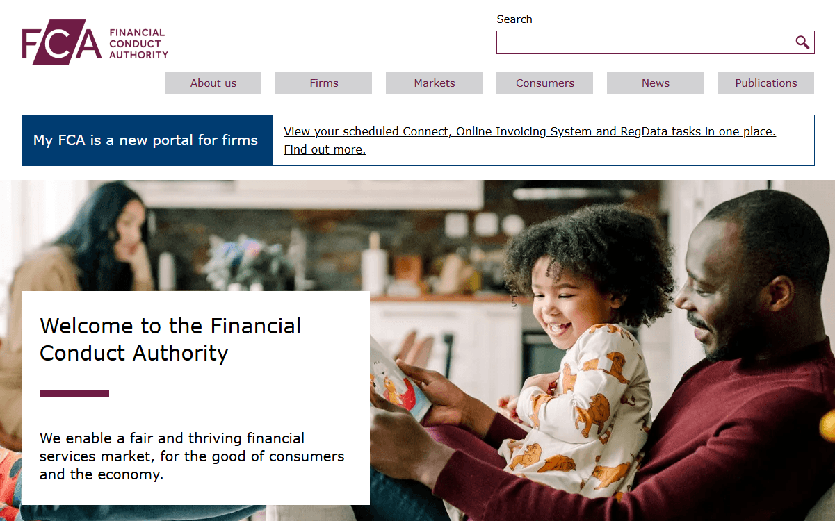 The Financial Conduct Authority (FCA) official website homepage at fca.org.uk, showing the FCA logo, navigation menu for firms and consumers, and the mission statement: We enable a fair and thriving financial services market, for the good of consumers and the economy.