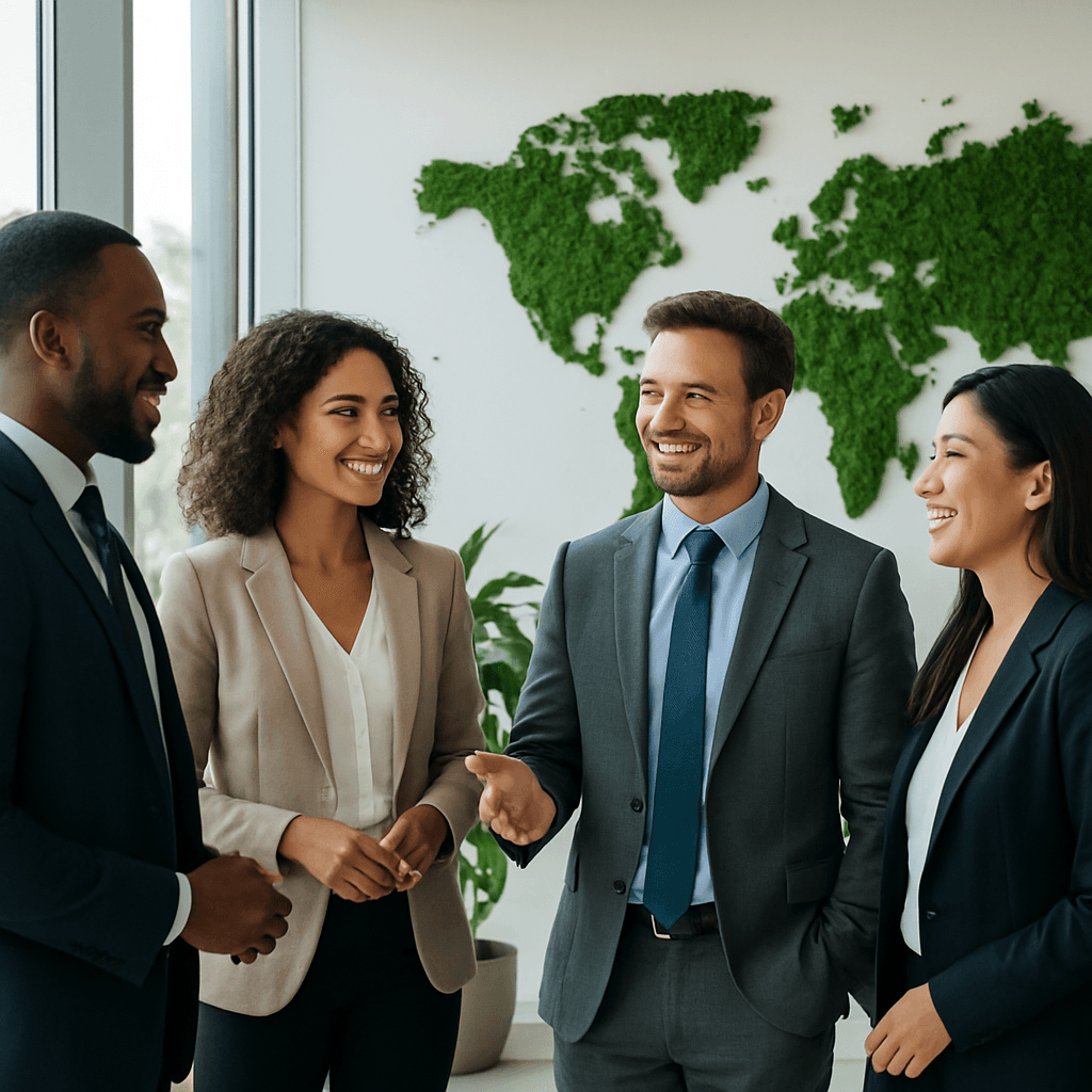 Diverse team talking in a bright modern office with a green plant world map on the wall, representing global remote teams paying staff abroad