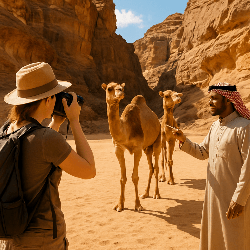 Tourist photographing camels with a local guide in a dramatic desert canyon, representing world travellers spending money overseas