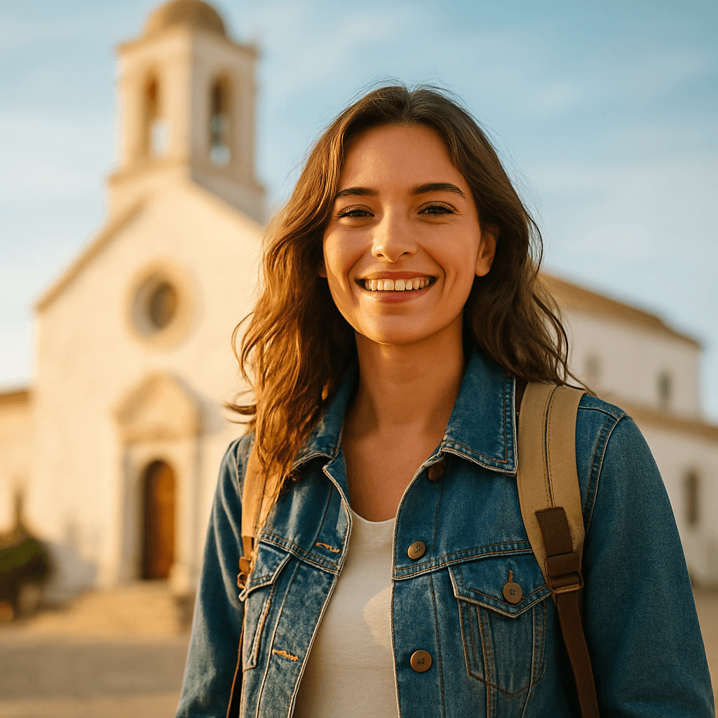 Young traveller with a backpack exploring a European city with a historic white cathedral, representing expats sending money home